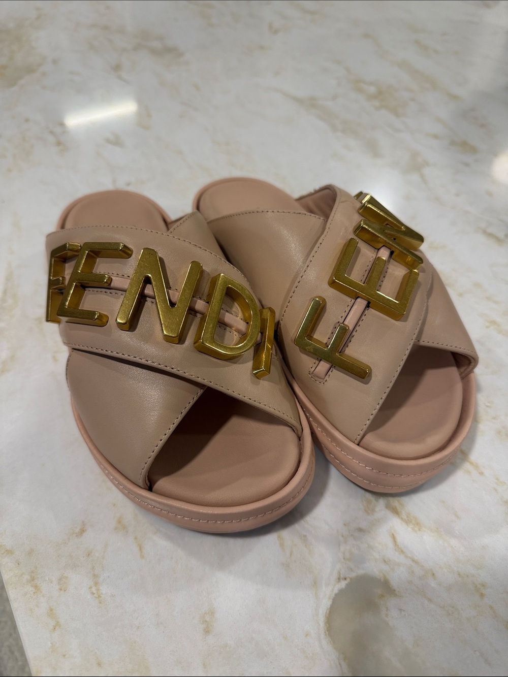 Fendi Nude Pink Leather Crisscross Slide Sandals with Gold Logo